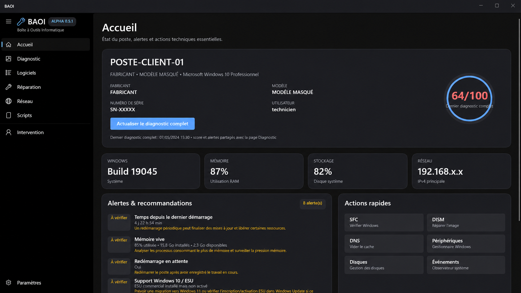 Interface d’accueil anonymisée du logiciel BAOI